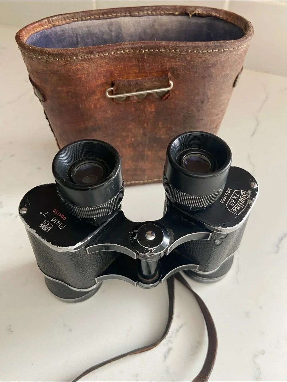 Vintage Skyline Schneider 7x35 Binoculars Germany Leather Case Working